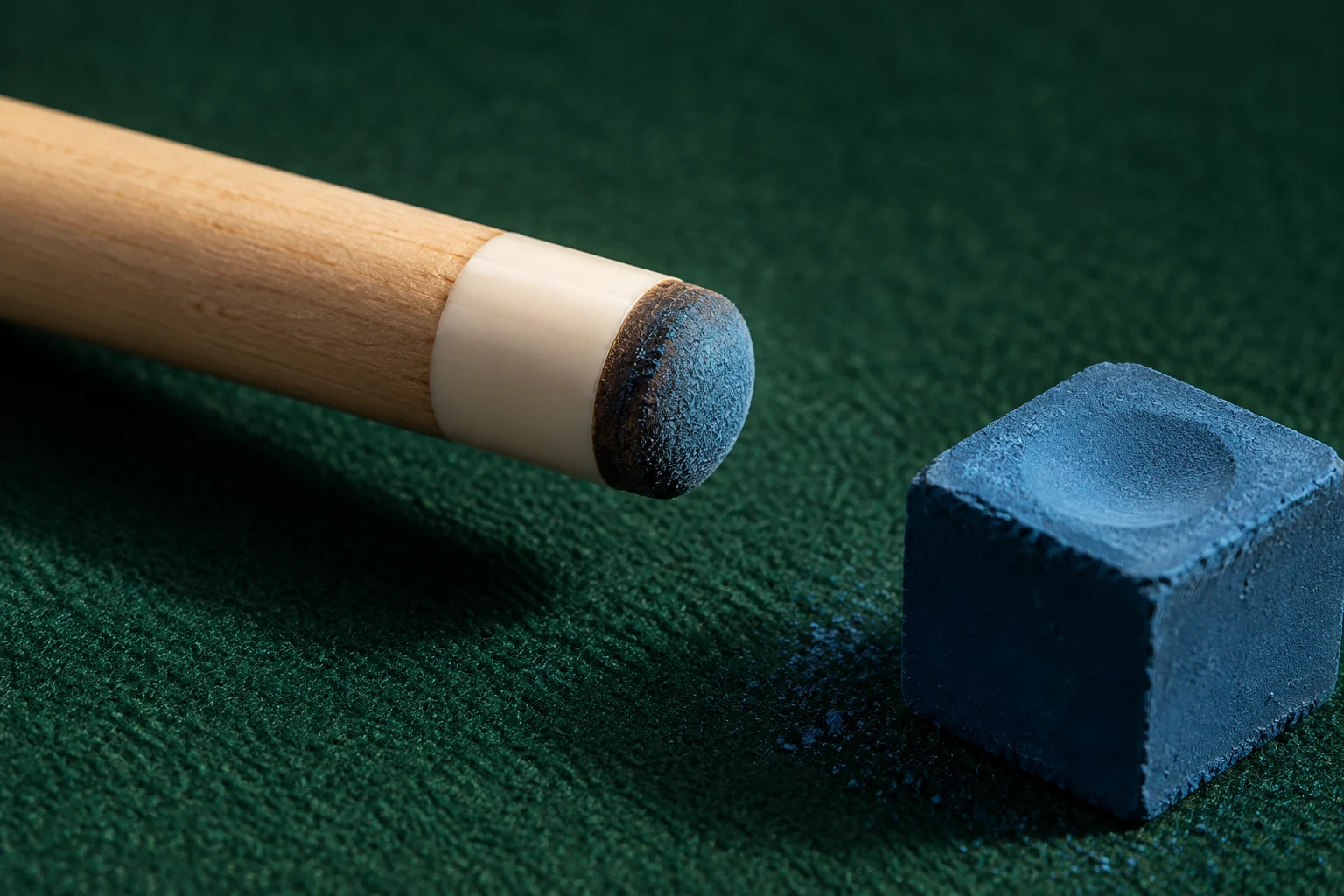 Illustrative pool cue tip and chalk detail