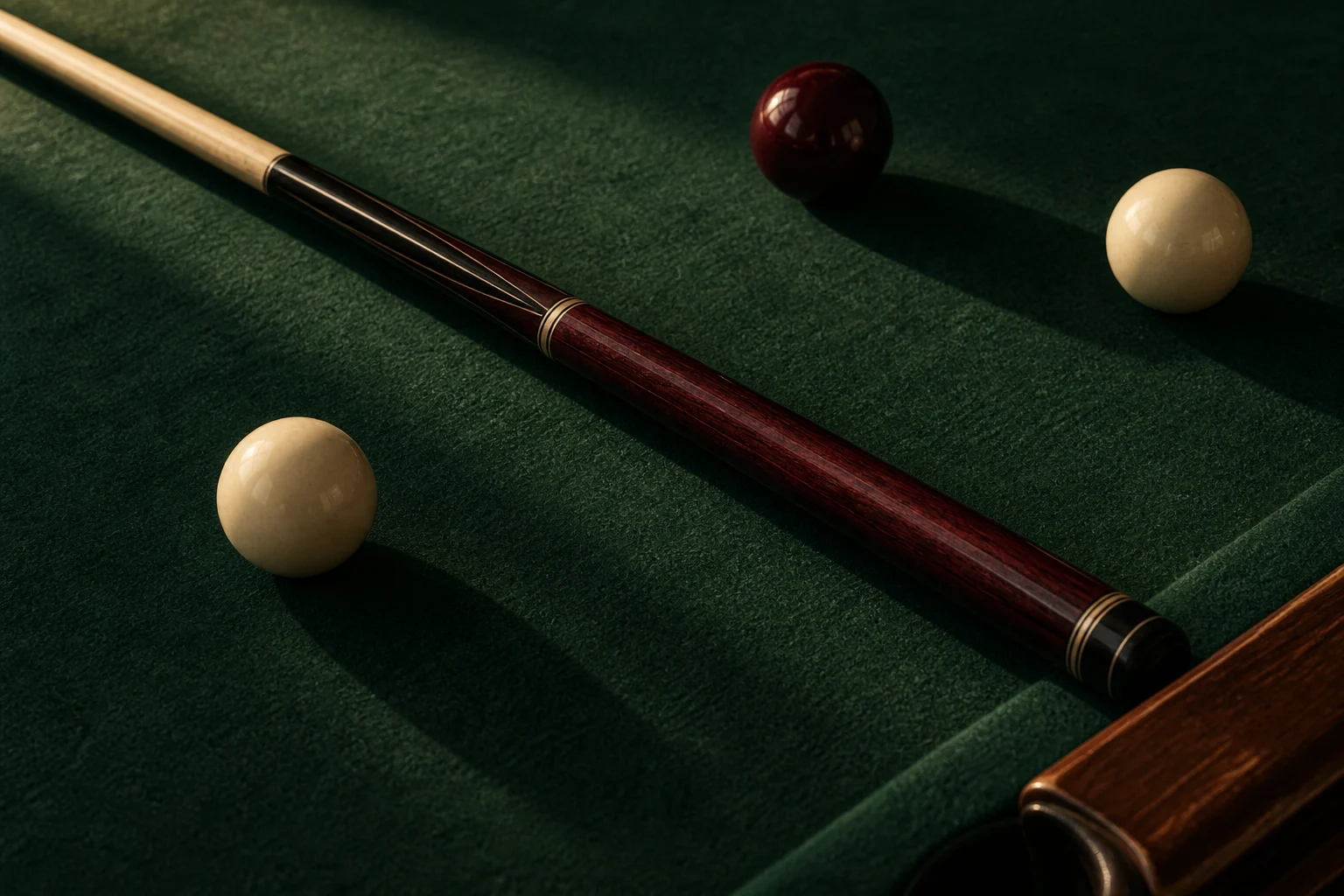 Illustrative wooden billiard cue on deep green cloth